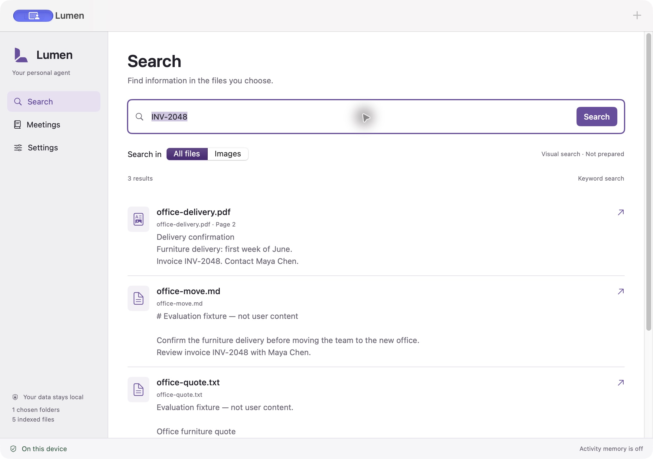 Lumen on macOS showing three keyword results for INV-2048 from synthetic office files. Visual search is marked not prepared. Activity memory is off.